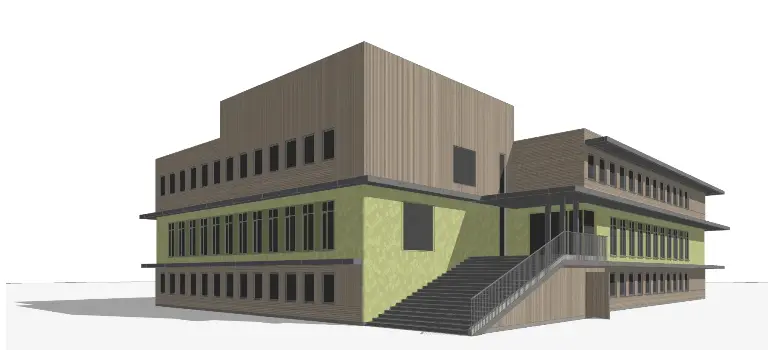 schets van het nieuwe gebouw voor de schakelopleidingen van Yonder