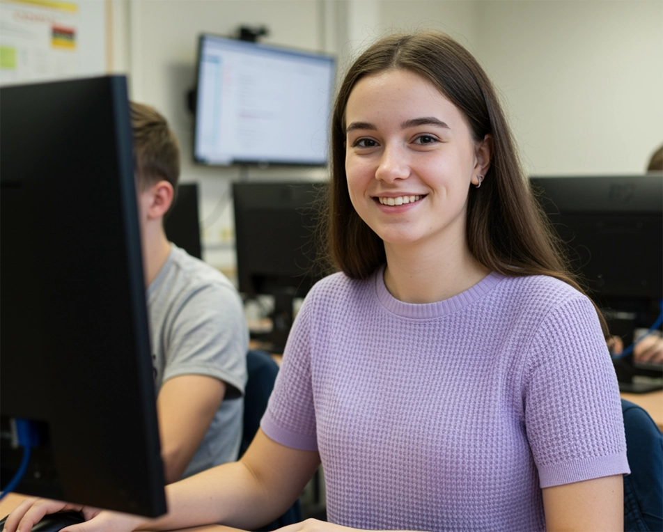 Oost Europees meisje achter een computer die zich aanmeld voor ISK