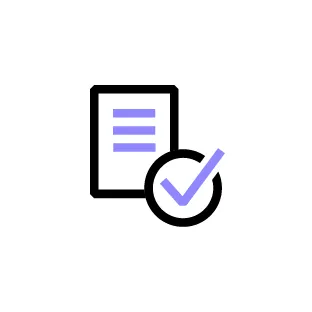 Pictogram van een a4 met lijnen en een rondje met een vink. Dit om uit te beelden dat je het aanmeldformulier kan invullen.