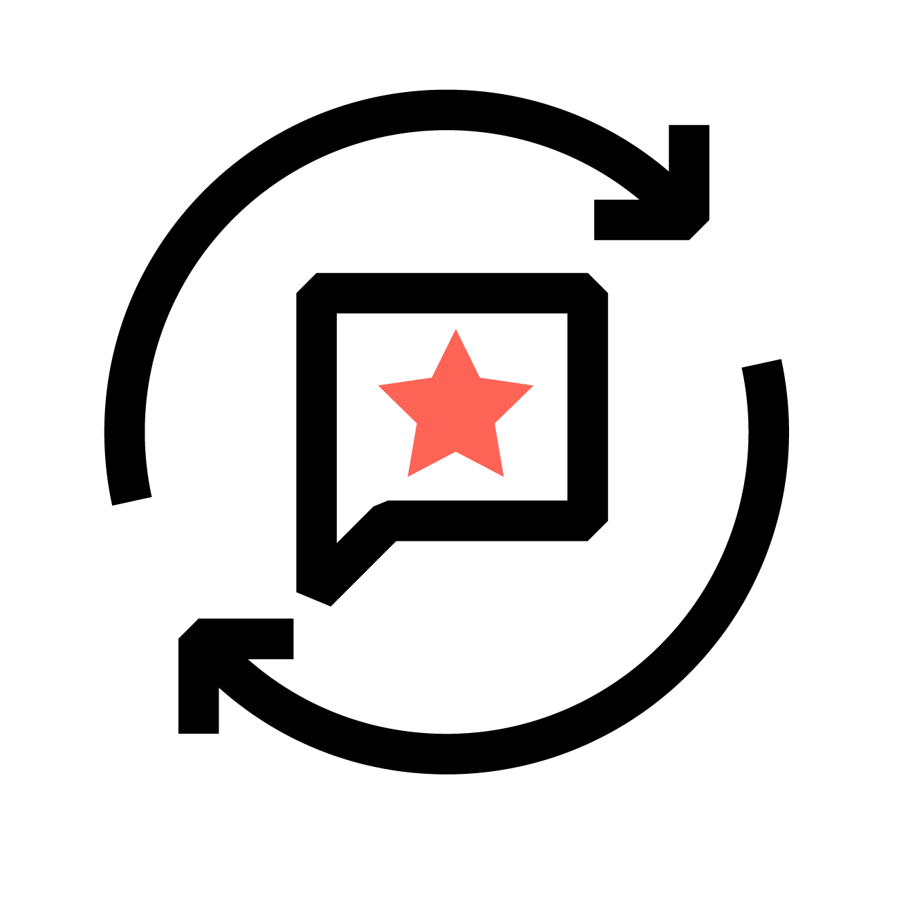 Pictogram van een tekstballon met een ster en pijlen erom heen. Dit geeft aan dat er een advies volgt en dat er vervolgstappen genomen worden.