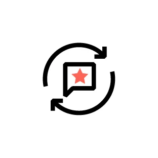 Pictogram van een tekstballon met een ster en pijlen erom heen. Dit geeft aan dat er een advies volgt en dat er vervolgstappen genomen worden.