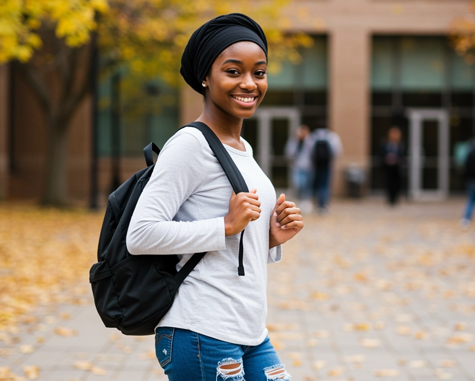 ISK leerling met hoofddoek en rugzak op het schoolplein