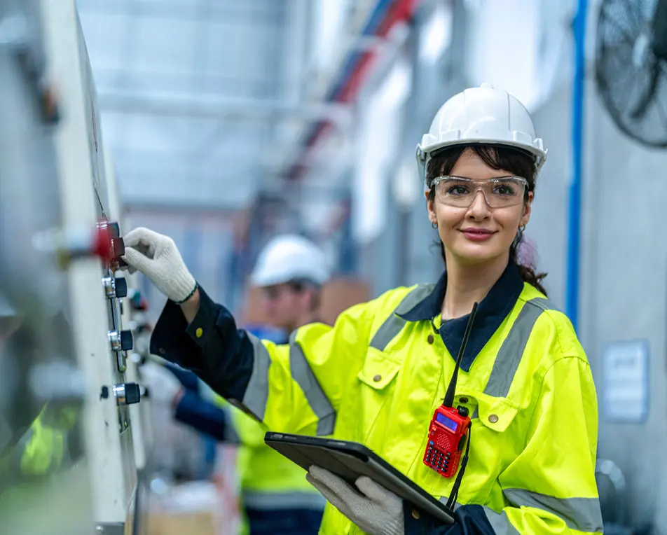 Vrouw in gele veiligheidsjas staat in fabriek