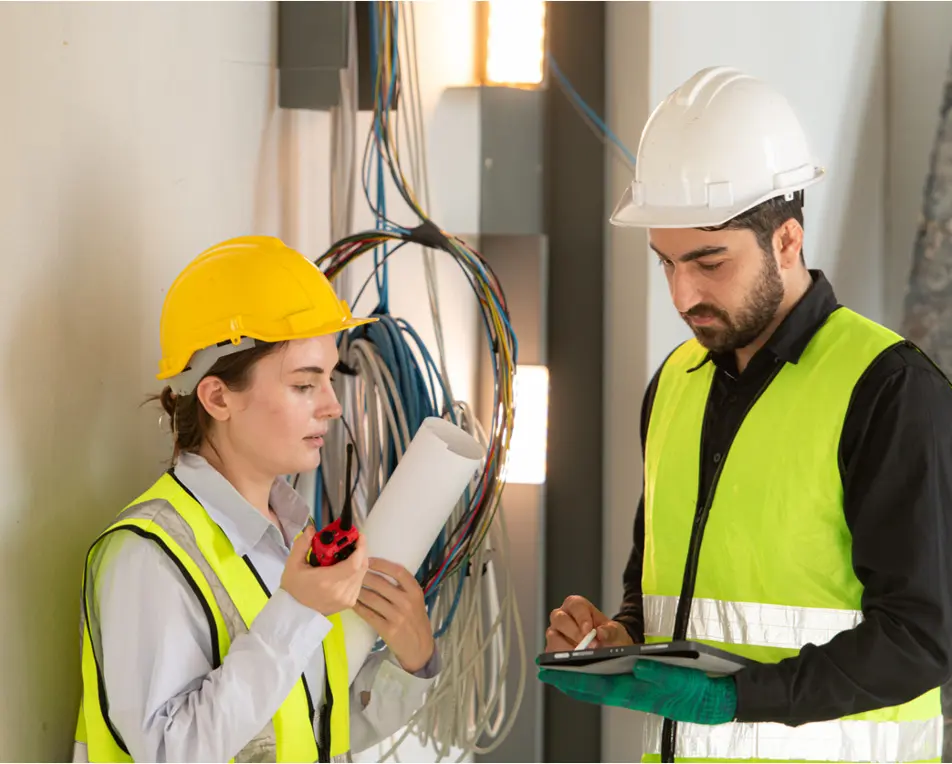 Twee personen zijn aan het werk met elektronische draden
