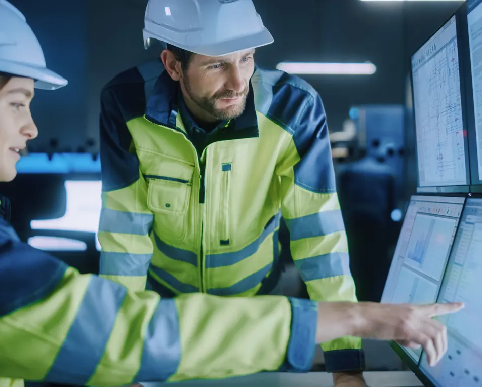 Twee personen met witte helmen en fluorescerende veiligheidsjassen bekijken gegevens op computerschermen; één wijst naar het scherm terwijl de ander toekijkt