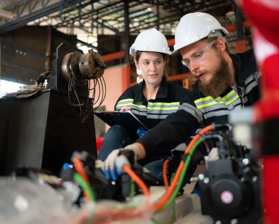 Twee personen in werkkleding en veiligheidshelmen werken samen in een industriële omgeving.