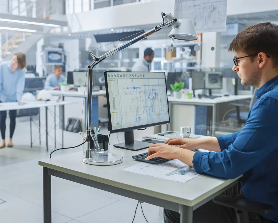 Man zit achter computer in een laboratorium.