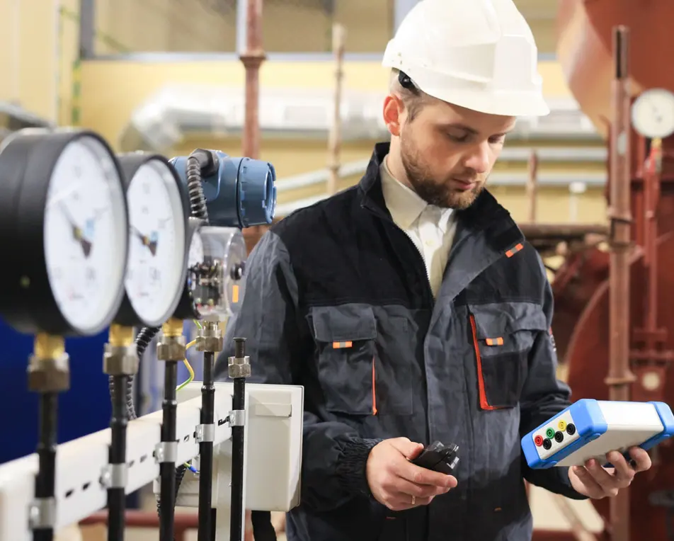 Persoon met witte helm en twee apparaten in handen in een industriële omgeving met meters en leidingen