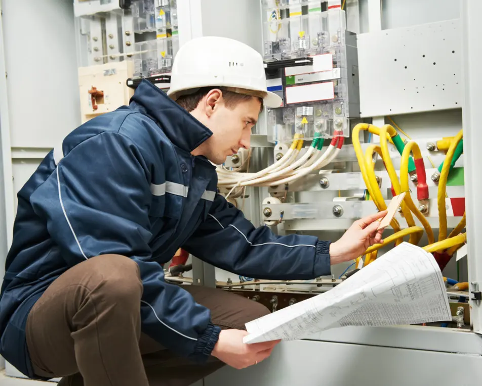 Een persoon met een witte helm en blauwe jas inspecteert bedrading in een elektrisch paneel terwijl die een document vasthoudt.