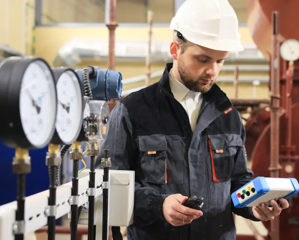 Een persoon met witte helm en zwarte jas met oranje accenten staat in een industriële omgeving en houdt twee meetapparaten vast.