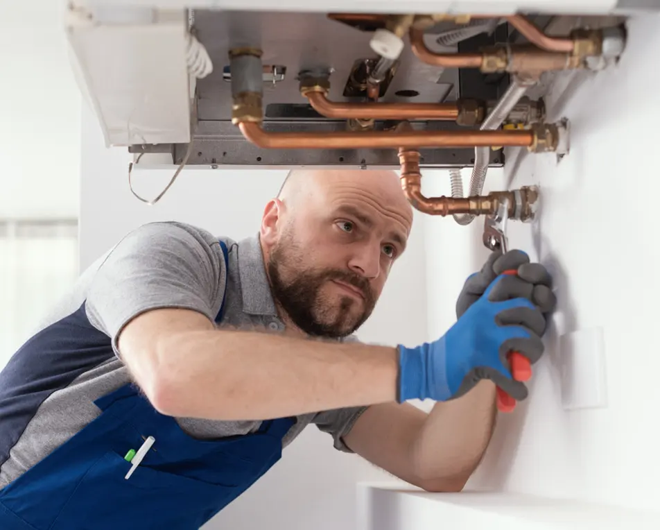 persoon met blauwe handschoenen en werkuniform werkt met een moersleutel aan koperen leidingen,